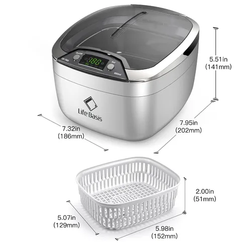 Miniatura 7 de Life Basis Limpiador Ultrasónico Doméstico Limpiador Ultrasónico de Joyas 850ml (28 Onzas) Pantalla LCD con 5 Temporizador Digital Soporte