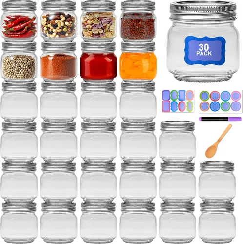 Miniatura 8 de Maredash Paquete de 9 tarros Mason de 8 onzas, recipientes pequeños de vidrio con tapas, tarros de conserva, el juego incluye 8 cucharas de madera