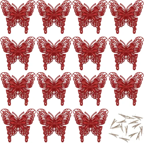 15 adornos para árbol de Navidad de mariposa con purpurina, mariposa hueca con clips, adornos de Navidad para manualidades, árbol de Navidad,