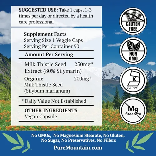 Miniatura 2 de Pure Mountain Botanicals Suplemento de cardo mariano – 90 cápsulas veganas kosher – Cardo mariano orgánico y 80% extracto de silimarina – 450 mg