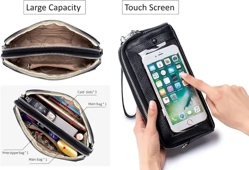 Miniatura 5 de Cuero genuino pantalla táctil teléfono bolsa bolsa muñeca bolso cartera para mujeres niñas