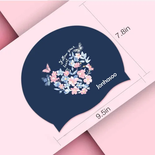 Miniatura 2 de Gorro de natación para mujer, gorra de natación de silicona para cabello largo con estampado de flores Azul marino