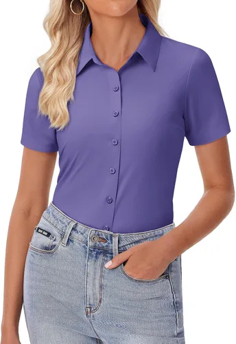Miniatura 17 de siliteelon Camisa de vestir con botones para mujer, ajustada, elástica, de manga corta, sin arrugas, sólida, formal, para el trabajo