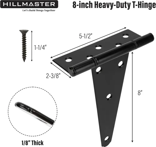 Miniatura 3 de HILLMASTER Bisagras de puerta de cobertizo con correa en T de 8 pulgadas, resistentes, bisagras de correa de puerta, bisagra en T negra, herrajes