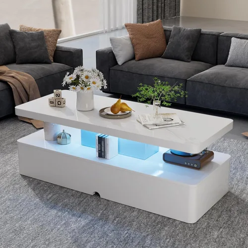 Miniatura 10 de Mesas modernas de sala de estar, mesa de centro LED con luces LED, mesa central rectangular de 2 niveles con gran almacenamiento, superficie de alto