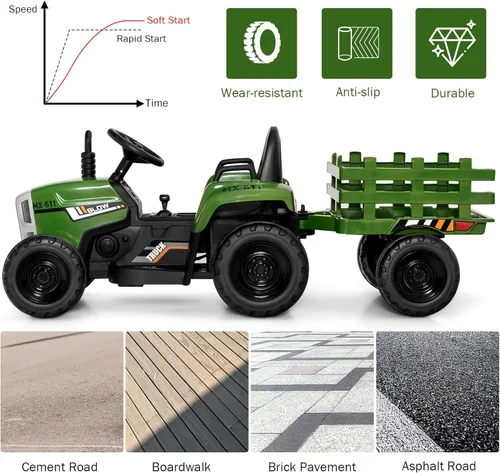 Miniatura 9 de OLAKIDS Tractor de paseo para niños de 12 V, vehículo eléctrico 2 en 1 con control remoto, remolque desmontable, juguete de conducción a batería