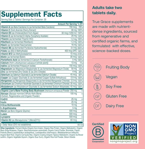 Miniatura 2 de True Grace Daily Women's Multivitamin 50+ - 60 tabletas fáciles de tragar - Inmune, energía, longevidad y apoyo de memoria - Vegano - Sin gluten