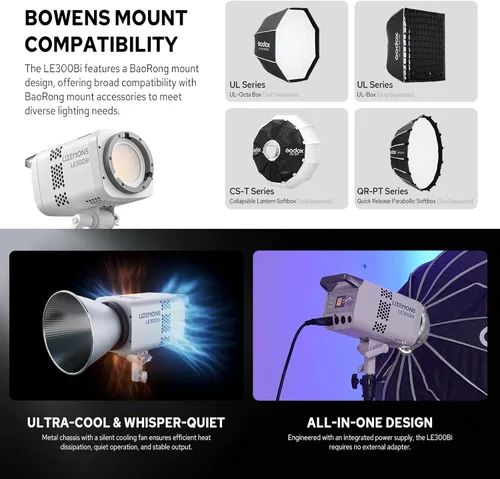 Miniatura 6 de Godox Litemons LE300Bi - Luz de video LED bicolor de 300 W, 58900Lux@1M luz de estudio con control de aplicación, 11 efectos FX, 2800K-6500K 0-100%