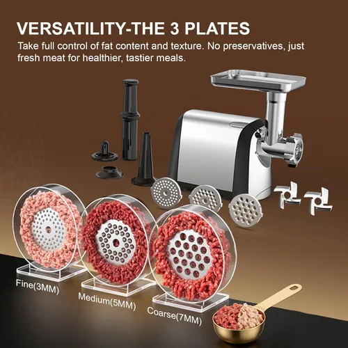 Miniatura 2 de Picadora de carne eléctrica, 2600 W máx. 3 en 1, relleno de salchichas de alta resistencia con tubo de salchicha y kit de kubbe, 3 placas