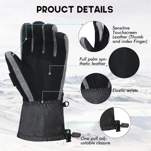 Miniatura 3 de Guantes de esquí para hombre, guantes de nieve cálidos impermeables y transpirables con pasamontañas para snowboard, moto de nieve en clima frío.