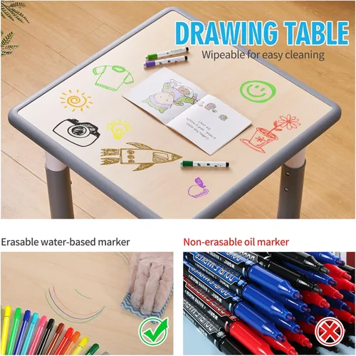 Miniatura 3 de UNICOO - Juego de mesa y sillas de estudio de tres piezas para niños de 23 x 23 pulgadas, escritorio artístico de plástico para niños de altura Tapa