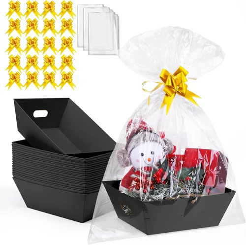 Miniatura 13 de AFOROEOA Paquete de 10 cestas vacías para regalos, cesta de regalo de papel kraft de 10 x 12 pulgadas de grosor con 10 lazos, 10 bolsas vacías
