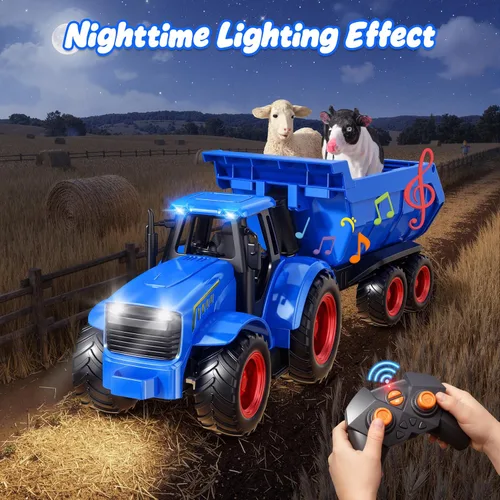 Miniatura 3 de Funwee Juego de Juguete de Tractor RC con Luz y Sonido, Coche de Granja para Niños con Remolque de Animales, Ruedas, Camión a Control Remoto, Azul