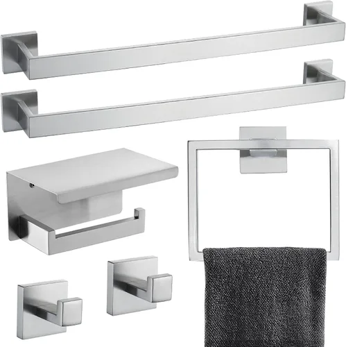 Juego de accesorios de baño de barra de toalla de níquel cepillado Juego de accesorios de baño Incluyendo doble toallero, anillo de toalla, gancho 6