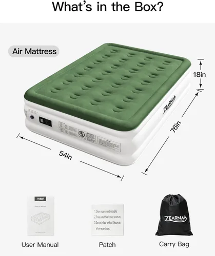 Miniatura 6 de Zearna Colchón de aire tamaño completo con bomba incorporada, 18" de altura, cama de aire cómoda elevada, colchón hinchable mejorado con parte Verde