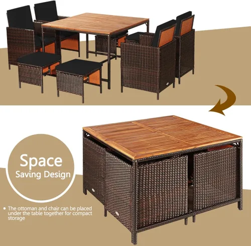Miniatura 4 de HAPPYGRILL Juego de 9 piezas de comedor para patio al aire libre con asientos acolchados, mesa de comedor que ahorra espacio con mesa de madera