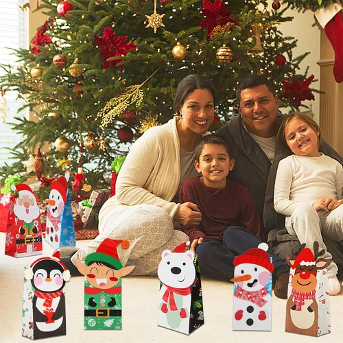 Miniatura 3 de FEBSNOW 24 bolsas de regalo de Navidad con 24 piezas de pegatinas, bolsas de dulces navideños, bolsas de envoltura de galletas navideñas, bolsas