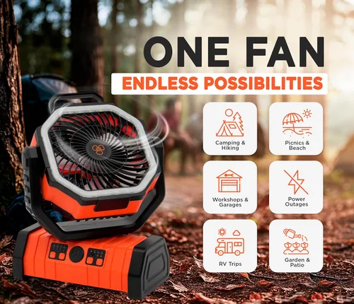 Miniatura 3 de Ventilador de exterior F6 – ventiladores portátiles personales recargables con luz LED y control remoto – ventilador de viaje plegable Naranja