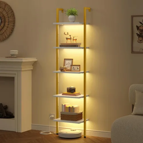 Miniatura 11 de Tajsoon Estante de escalera de 5 niveles con luz, estante de madera para libros montado en la pared, estantería de escalera con marco de metal