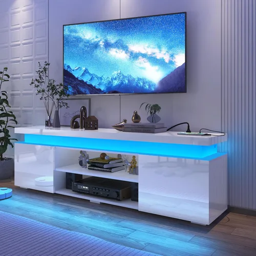 Miniatura 10 de Hlivelood Soporte de TV LED para TV de 75 pulgadas, moderno soporte de TV con toma de corriente, consola de TV de alto brillo con almacenamiento