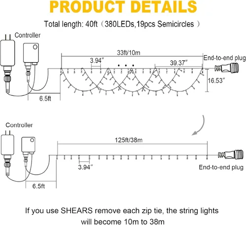 Miniatura 2 de KAZOKU Luces de Navidad para Exteriores e Interiores 40 Pies 380 LED Impermeables Luces de Árbol de Navidad 8 Modos Extensibles Luces de Cadena