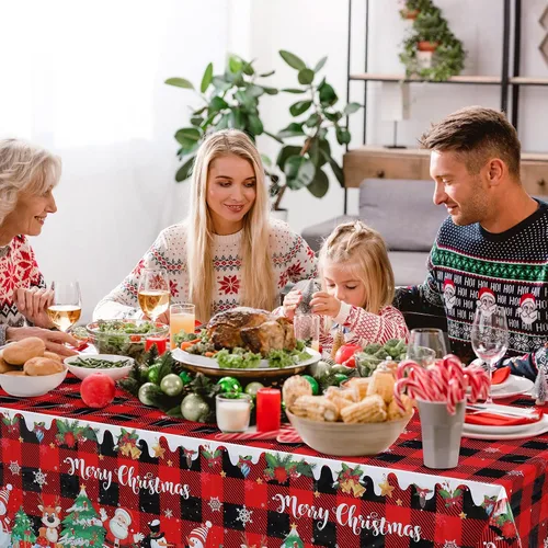 Miniatura 6 de Tiamon 3 piezas de mantel de Navidad 54 x 108 pulgadas, rojo, negro, mantel a cuadros de búfalo para mesa rectangular, mantel desechable de plástico