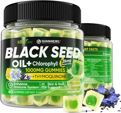 Gomitas de aceite de semilla negra y clorofila, biotina de 500 mcg con colágeno hidrolizado, miel de manuka cruda, orgánica prensada en frío, máxima