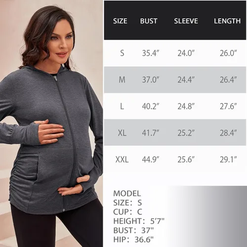 Miniatura 6 de DEBELLY Sudaderas de maternidad de manga larga con cremallera completa, casual, para embarazo, chaqueta con bolsillos, agujero para el pulgar