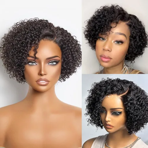 Miniatura 20 de LUVME HAIR - Pelucas de cabello humano rizado corto sin pegamento de 10 pulgadas, precortadas, predepiladas, indetectable, encaje HD, negro