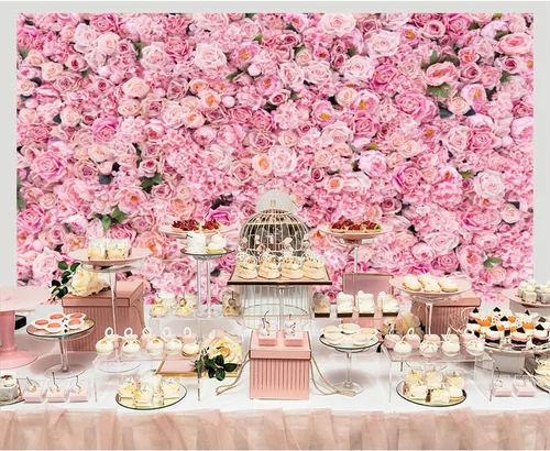 Miniatura 6 de Telón de fondo de pared rosa rosa de 5 x 3 pies con flores rosas para fotografía, telón de fondo para exteriores, recién nacido, baby shower, boda