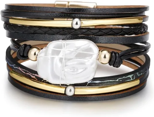 Miniatura 3 de Fesciory - Pulsera de leopardo para mujer, estilo bohemio de cuero multicapa con perlas de cristal