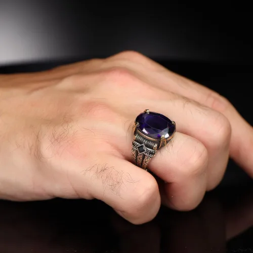 Miniatura 2 de Anillo de plata de ley 925 con diseño de cadena bizantina con piedra de amatista para hombre, hecho a mano para hombre, anillo de piedra amatista