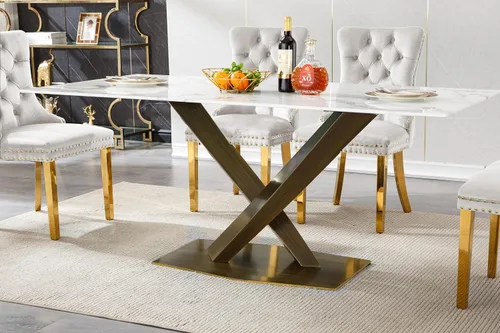 Miniatura 13 de Mesa de comedor de mármol negro para 4, 6, 70 pulgadas, moderna mesa de comedor de cocina dorada con base de acero inoxidable con diseño