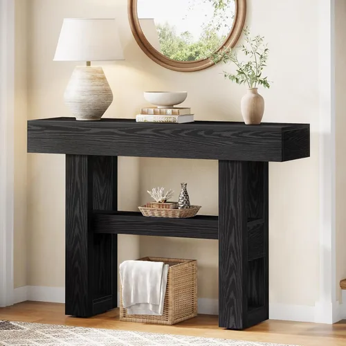 Miniatura 11 de Tribesigns Mesa consola de granja de 41.34 pulgadas, mesa de sofá estrecha de 2 niveles detrás del sofá, muebles de entrada con estantes de Marrón