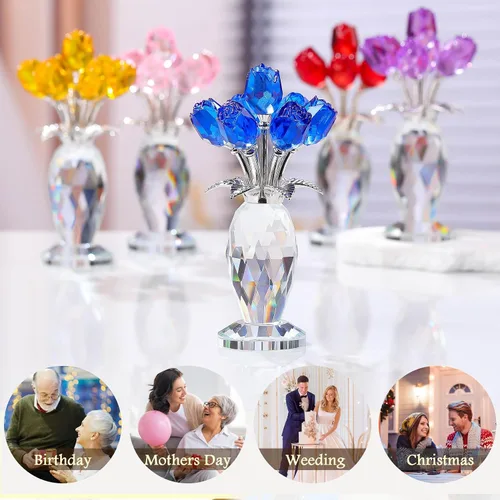 Miniatura 4 de Movdyka Figura de flor de cristal de rosa azul con jarrón de cristal, regalos para mujeres, esposa, novia, mamá, decoración de mesa coleccionable