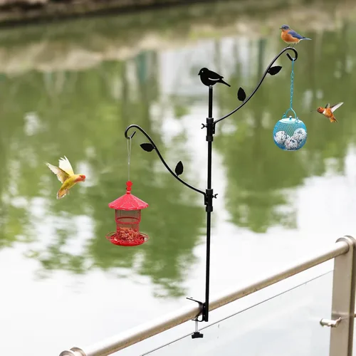 Miniatura 5 de Comedero para pájaros de cubierta con múltiples ganchos y ramas ajustables para porche Poste comedero para pájaros de cubierta-Negro