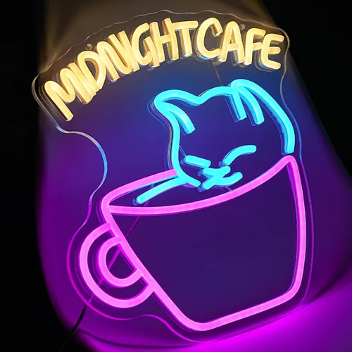 Miniatura 5 de Letrero de neón de café para decoración de pared, luz de neón de gato, luz de neón de medianoche, luces LED de neón coloridas para cafetería
