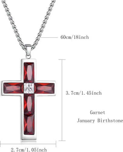 Miniatura 60 de Collar de cruz para hombre, piedras preciosas de color piedra natal de circonita cúbica, collar de acero inoxidable para hombre, cadena de 24