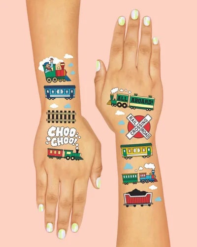 Miniatura 4 de xo, Fetti Suministros de fiesta de tren tatuajes temporales para niños, 48 estilos, cumpleaños de trenes, recuerdos de fiesta Choo Choo