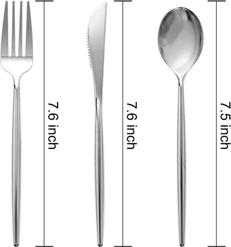 Miniatura 6 de SUT 150 piezas de cubiertos de plástico plateados, cubiertos desechables plateados, cubiertos desechables resistentes, utensilios de plástico que
