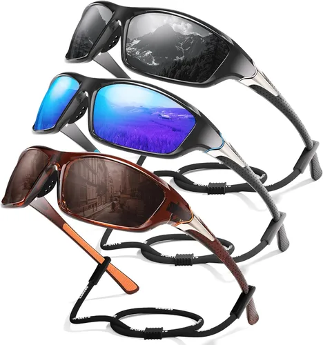 Miniatura 14 de Paquete de 3 lentes de sol deportivos polarizados para hombres, gafas de sol masculinas envolventes con protección UV para ciclismo, pesca