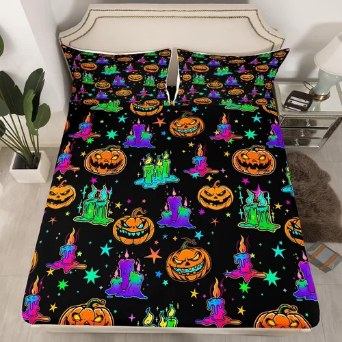 Miniatura 21 de Erosebridal Sábana bajera ajustable de Halloween, diseño de calabaza de dibujos animados, diseño de arco iris para niños, niñas, adolescentes