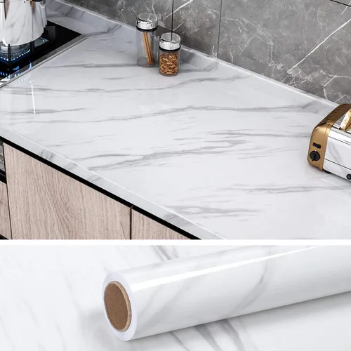 VEELIKE Papel de contacto de mármol blanco y gris brillante de 32 x 354 pulgadas de ancho, papel tapiz de mármol para encimeras de cocina, cubiertas