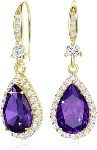 Aretes colgantes de diamantes para mujer, chapados en plataoro, con diamantes de imitación, juego de aretes de lágrima colgantes, piedra natal,