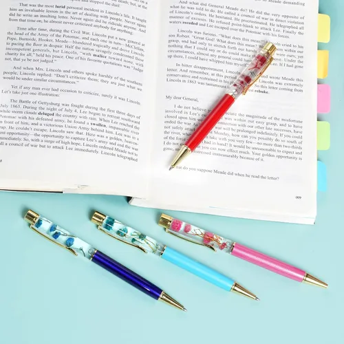 Miniatura 5 de 10 bolígrafos líquidos florales de metal rosa con 10 repuestos adicionales, tinta azul, bolígrafos de colores, bolígrafos recargables, suministros