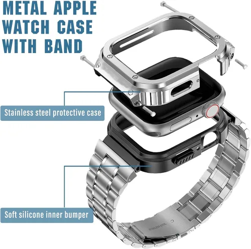 Miniatura 3 de MioHHR - Correa de acero inoxidable para reloj con estuche compatible con Apple Watch Series 6 5 4 SE3/2/1 (44 mm) Series 3/2/1 (42 mm), correa