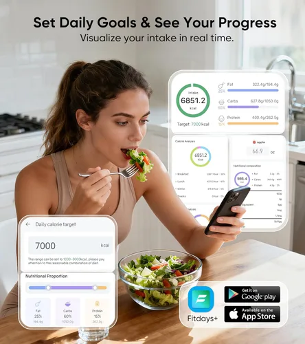 Miniatura 5 de KUAIVO Báscula inteligente de nutrición alimentaria con pantalla TFT, rastrea calorías, grasas, carbohidratos y proteínas, funciona con aplicación