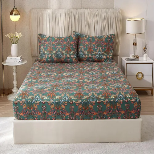 Miniatura 9 de Sábana ajustada 100% algodón suave tamaño queen de bolsillo profundo con rayas coloridas y estampado Gingham, sin arrugas, 1 pieza, sábana