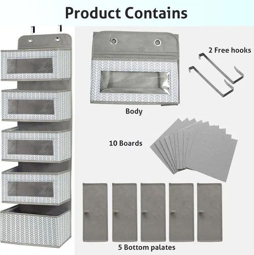Miniatura 6 de Organizador para colgar sobre la puerta con 5 compartimentos grandes, accesorio de almacenamiento para colgar de pared o despensa; el frontal