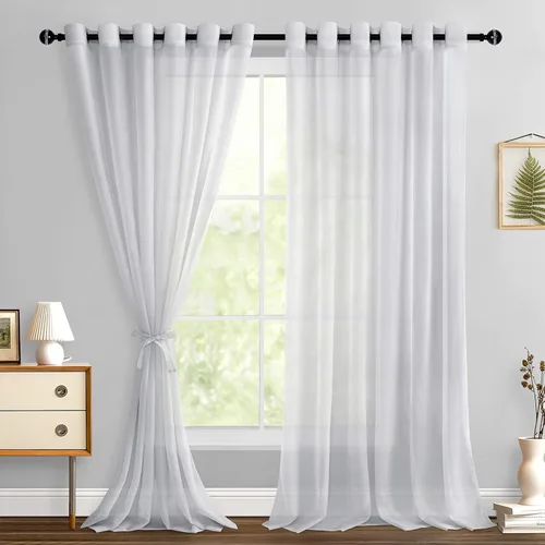 Miniatura 81 de Hiasan - Cortinas traslúcidas de gasa cortas semitransparentes con ojales y alzapaños filtrantes de luz para ventana, dormitorio, baño, 2 paneles